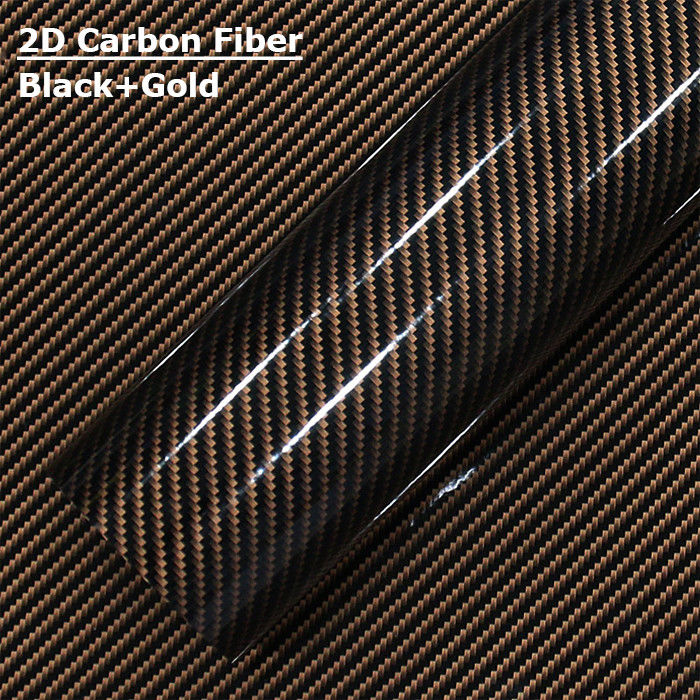High Gloss Carbon Fiber Vinyl Wrap Black Gold 2D Texture 200mic Film Thickness